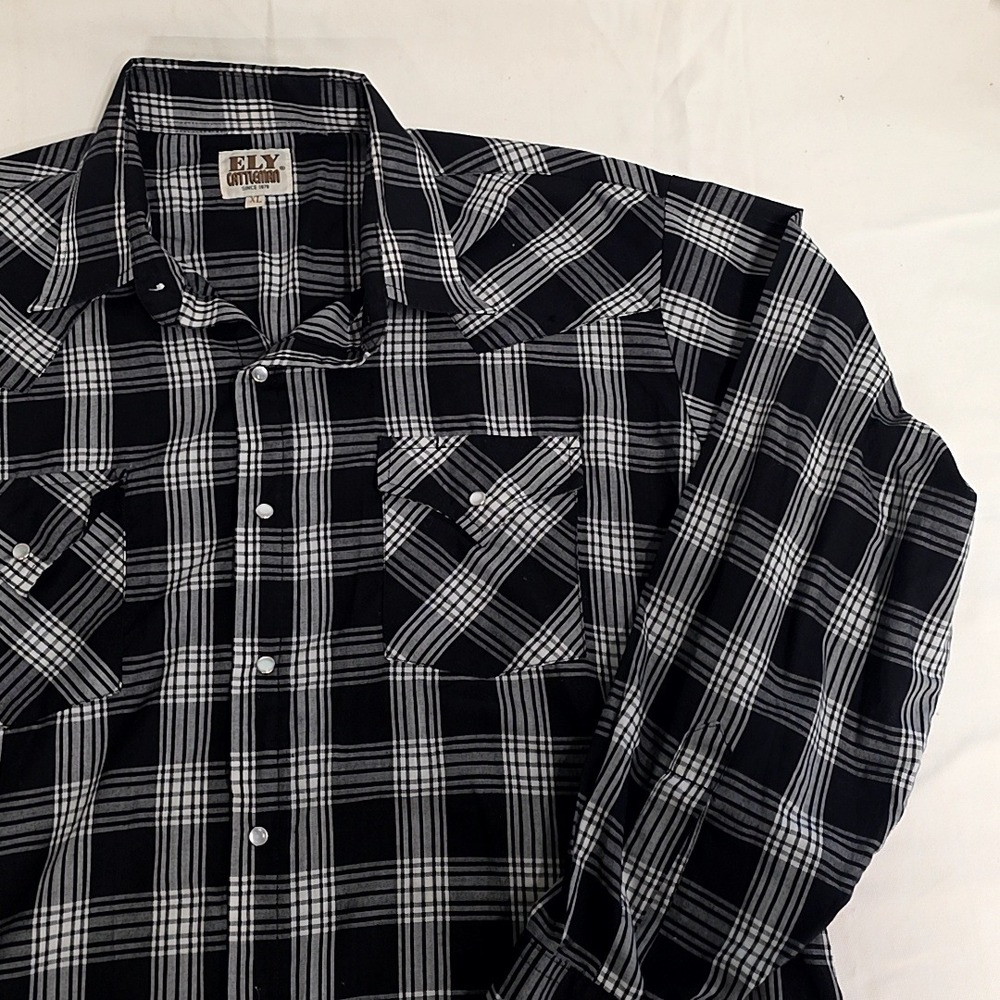 Ely Cattleman Western Shirt Mens XL Black White Plaid Pearl Snap Long Sleeve